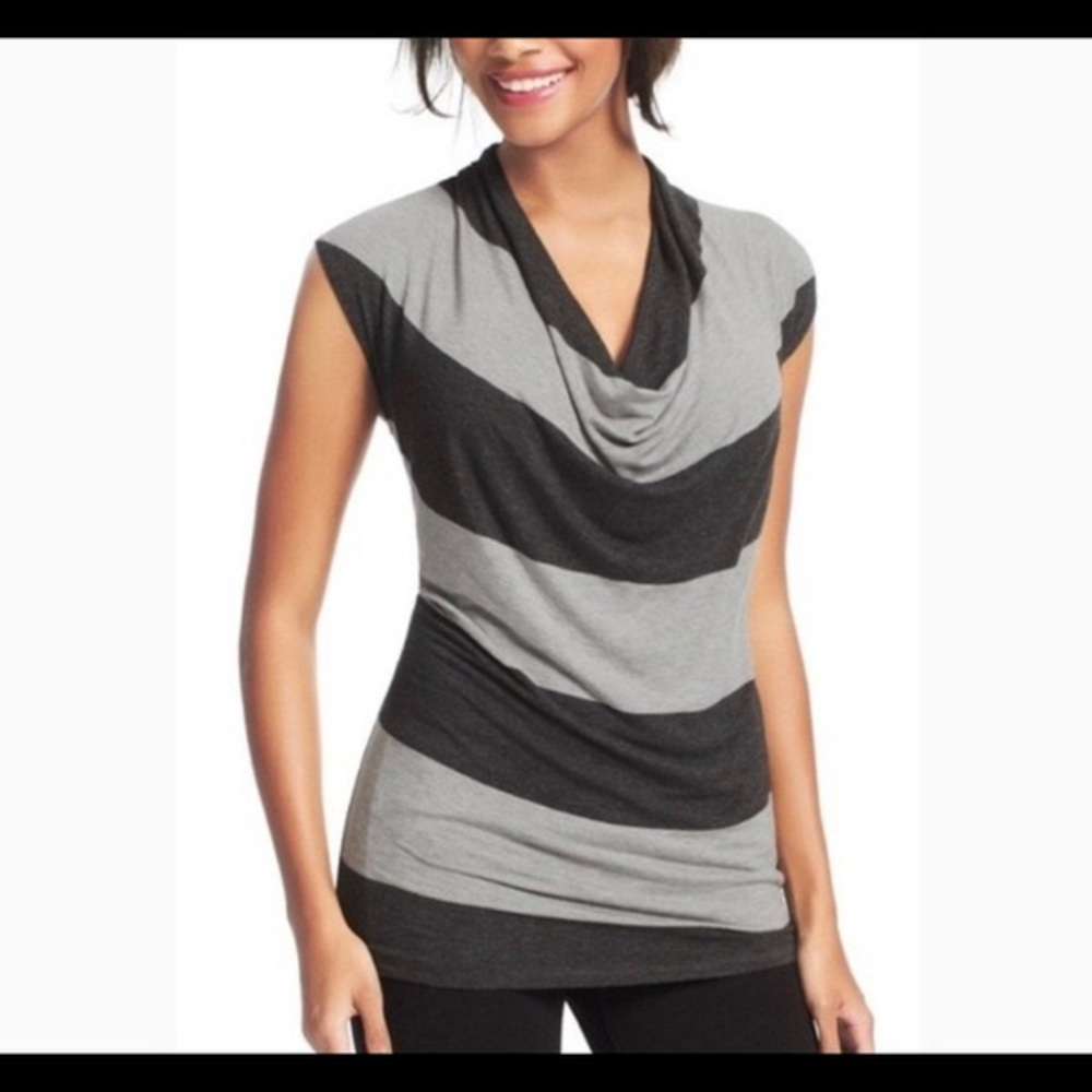 CAbi Gray Wide Striped Cowl Neck Tee Size L